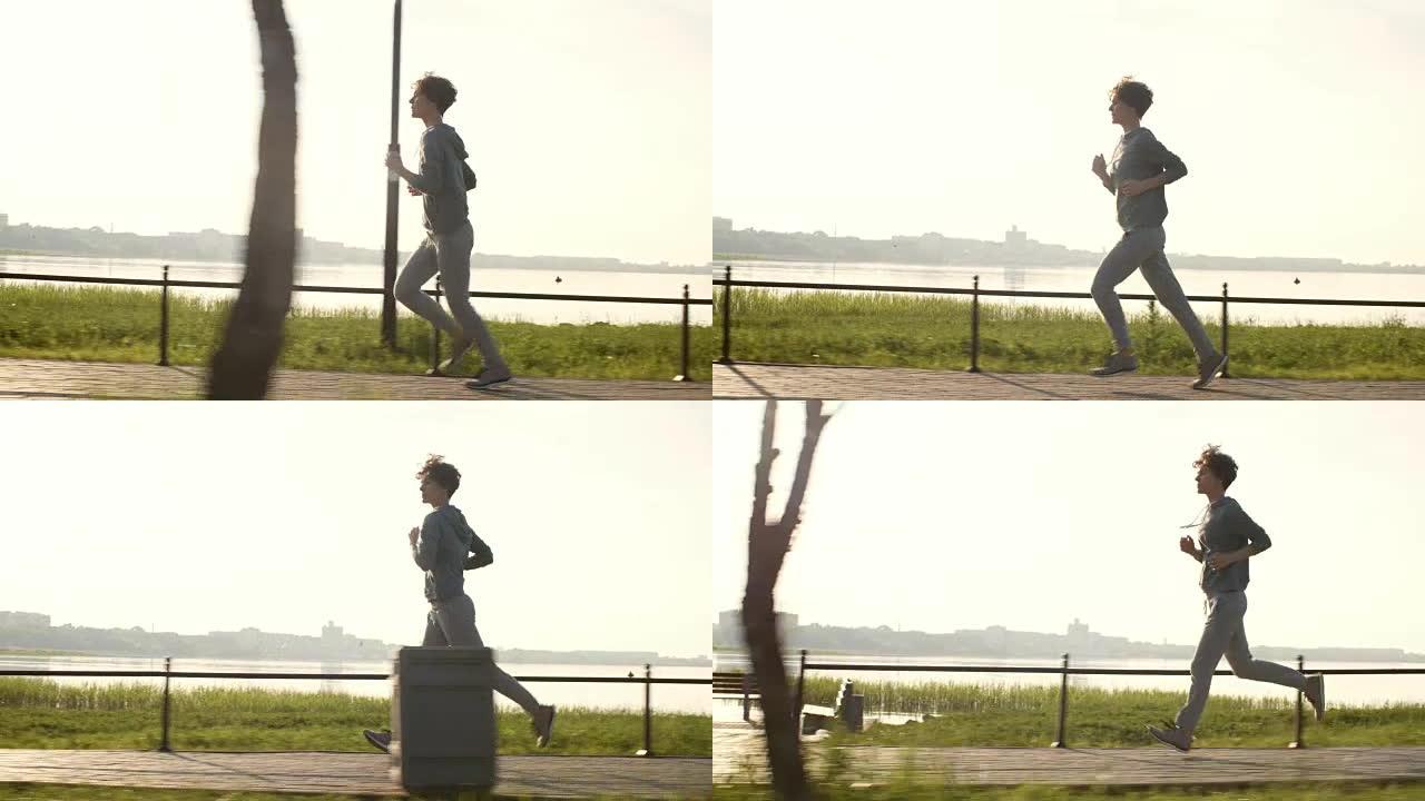 女子在湖边长廊慢跑