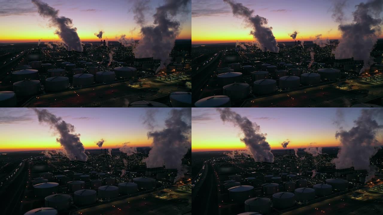WS鸟瞰图烟雾在黄昏时升起在炼油厂上方