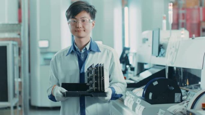 在高科技工厂上: 亚洲工人的肖像，用电子印刷电路板在取放机械上使用表面安装技术组装。