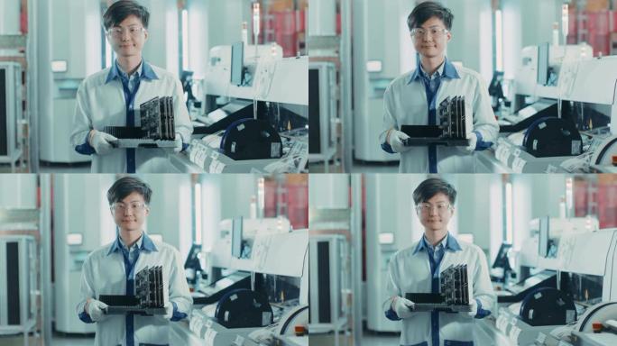 在高科技工厂上: 亚洲工人的肖像，用电子印刷电路板在取放机械上使用表面安装技术组装。