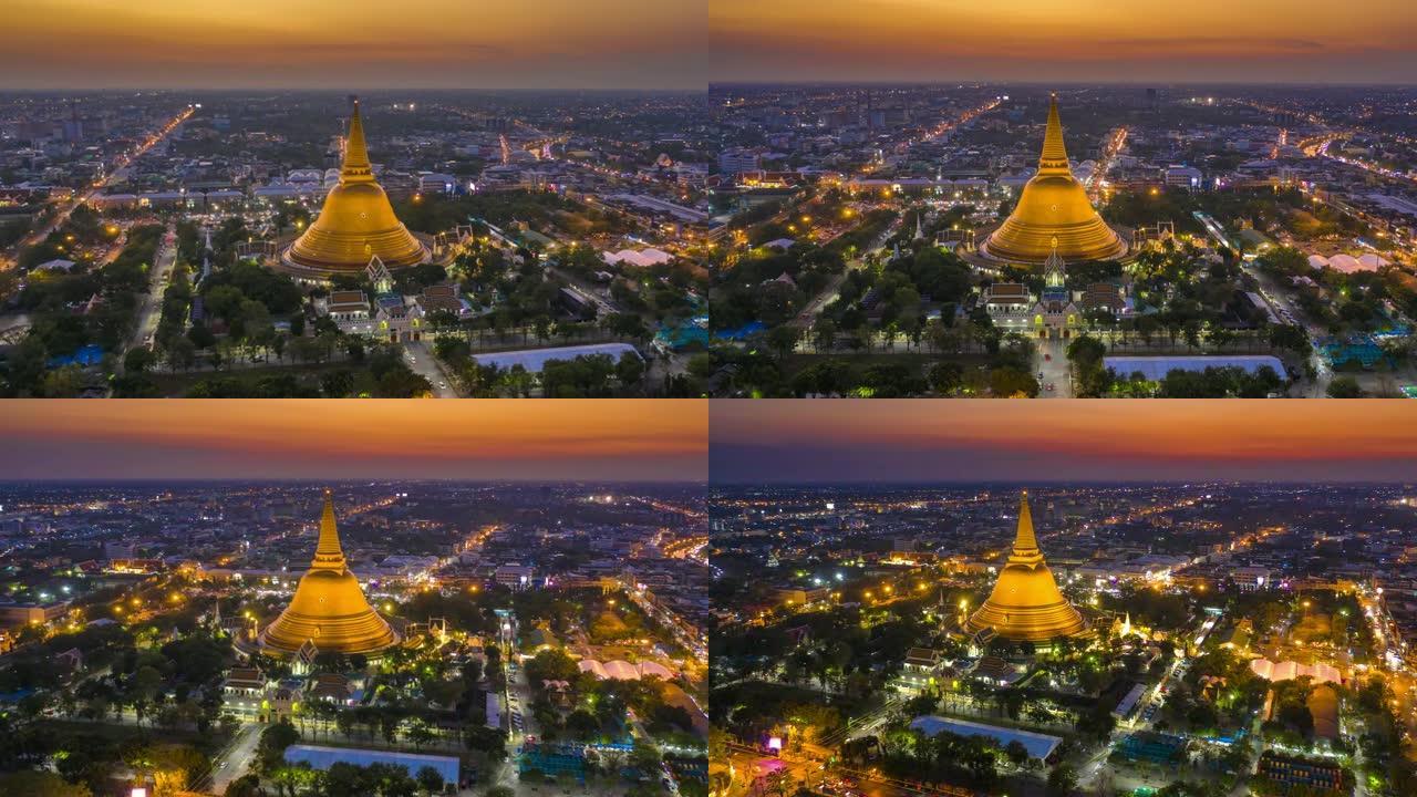 鸟瞰图无人机-佛塔帕氏或帕氏玛哈威汉，泰国那空帕氏镇中心的一座寺庙