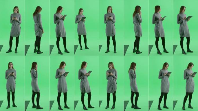 4合1绿屏拼贴: 美丽的年轻女子穿着休闲装，使用智能手机和数字平板电脑。多角度最佳价值包: 正面、侧