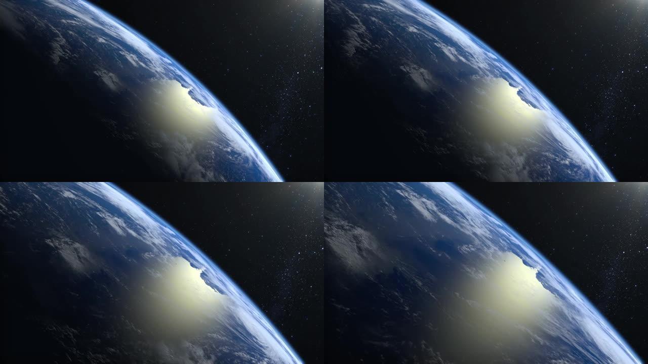 来自太空的地球。摄像机正在接近地球。地平线向右转动。星星闪烁。4K.逼真的氛围。3D体积云。框架里没