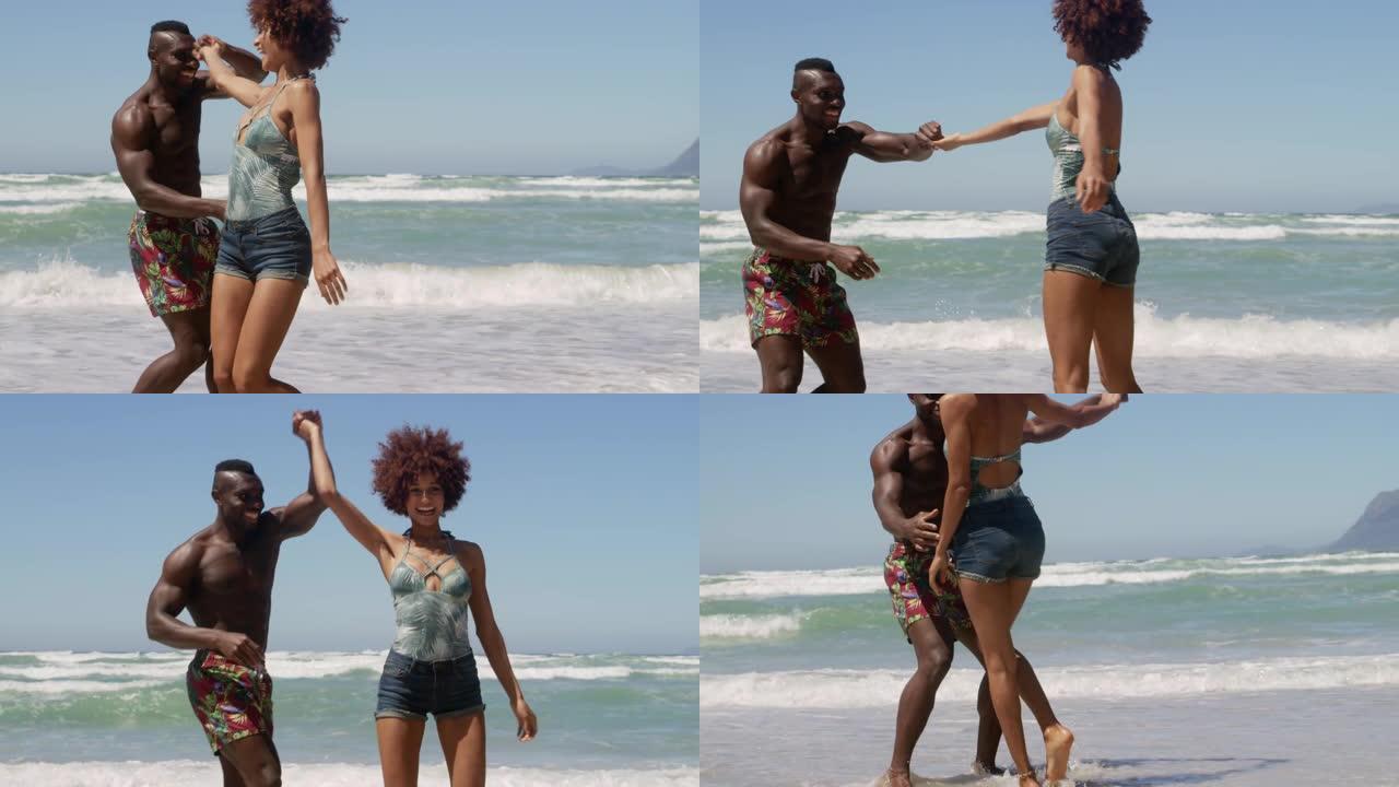 夫妇在阳光下的海滩上跳舞4k