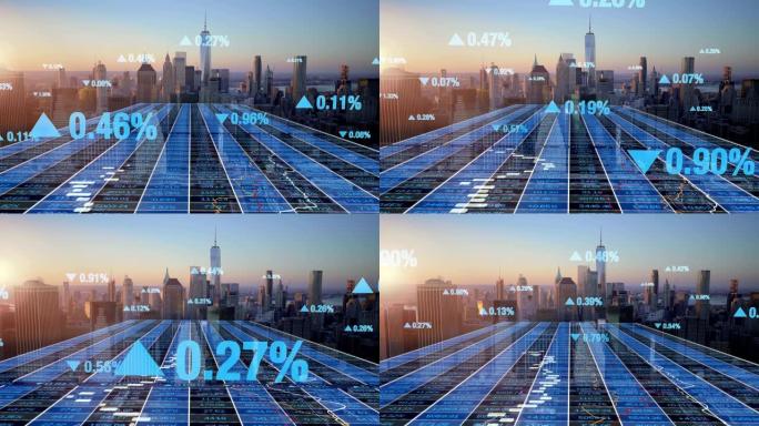 大都市鸟瞰图上的高科技技术数字动画