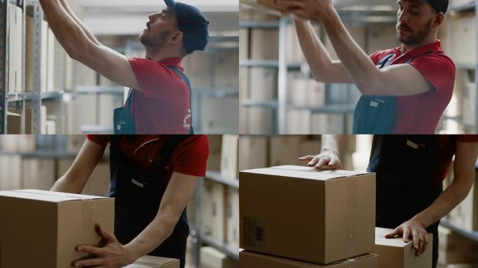 仓库工人通过将纸箱和货架包裹放在手推车上来收集订单。