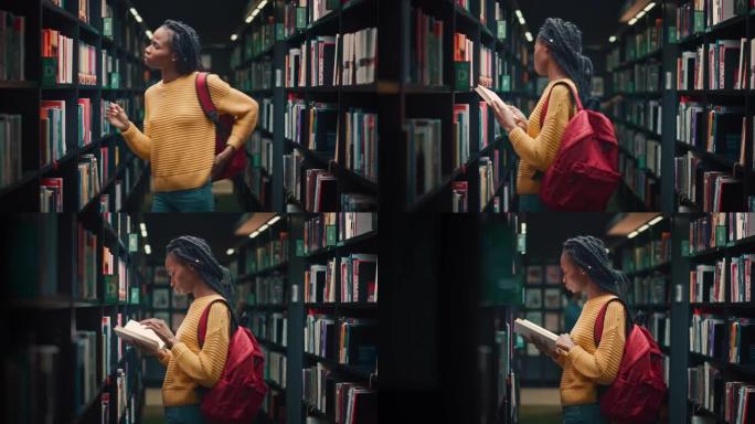 大学图书馆: 有天赋的美丽黑人女孩的肖像使用智能手机在书架之间行走，寻找合适的书名，找到并挑选一个用