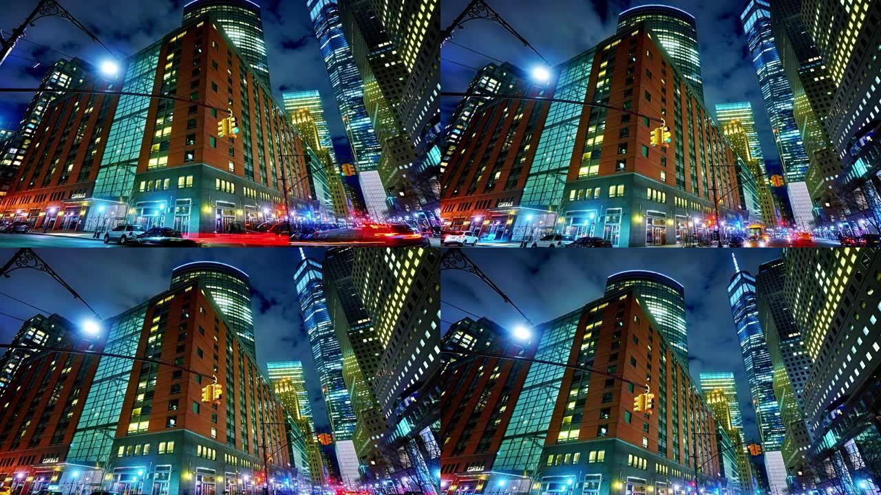 夜晚。曼哈顿金融区。自由塔。时间流逝。