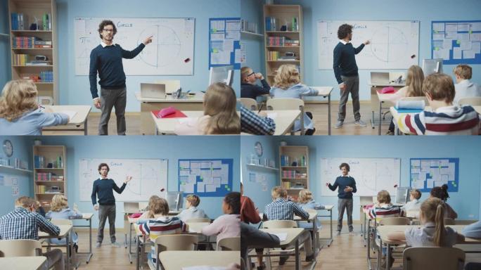 缩小老师讲解课的肖像，教室里充满了各种聪明的孩子，在一群聪明的多民族孩子学习科学和创造性思维的小学生