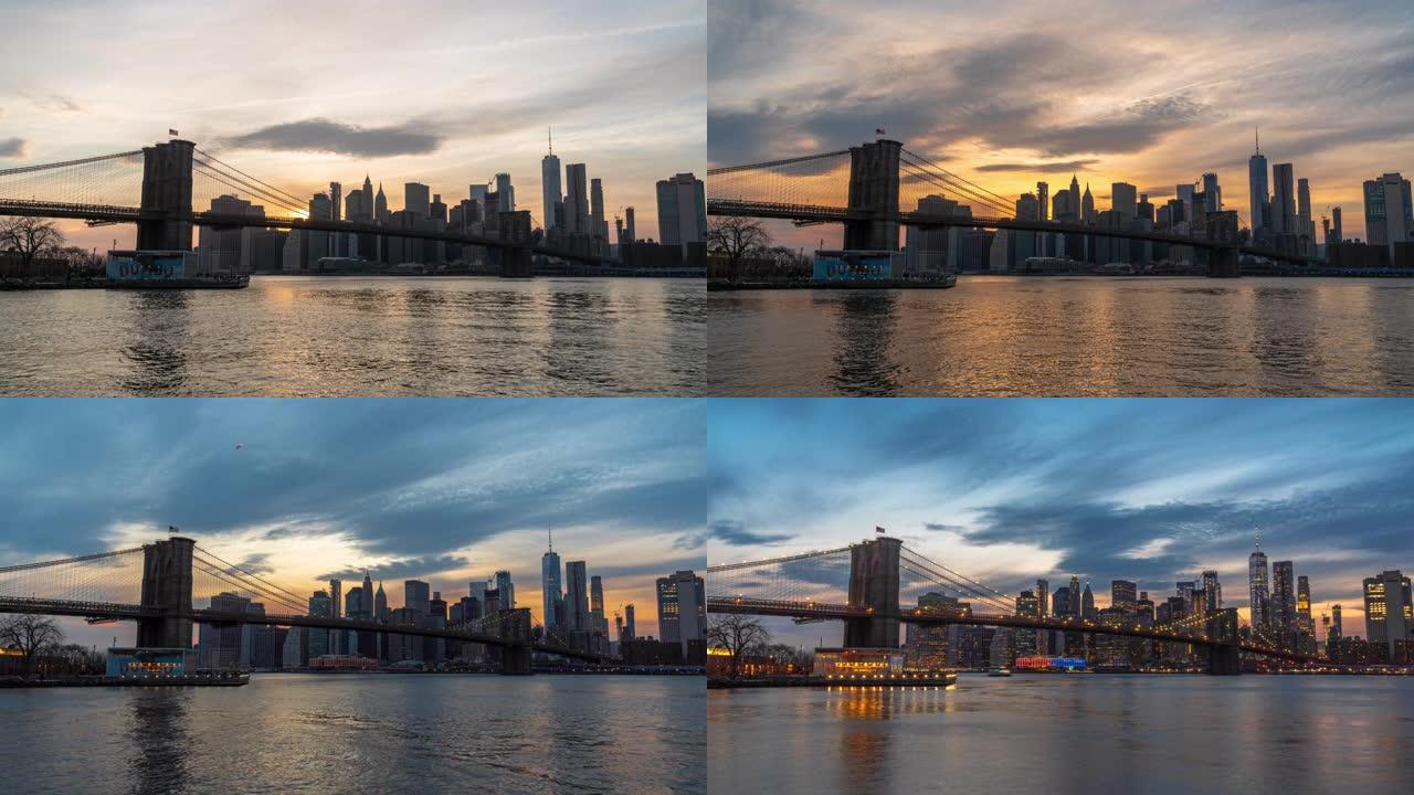 曼哈顿下城金融区城市景观河侧的4k时间流逝与布鲁克林大桥在日落时间和白天到夜晚的场景，纽约，美国，建