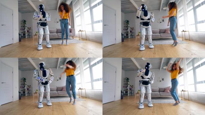 年轻女子和一个机器人正在快乐地跳舞