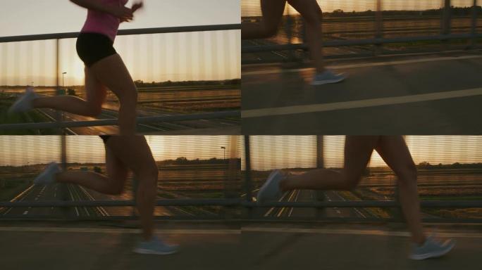 日落时分，一个女人在桥上奔跑的SLO MO腿