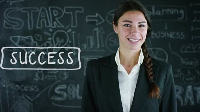 一个美丽的商业女孩 (学生) 在黑板的背景下选择成功的未来肖像。