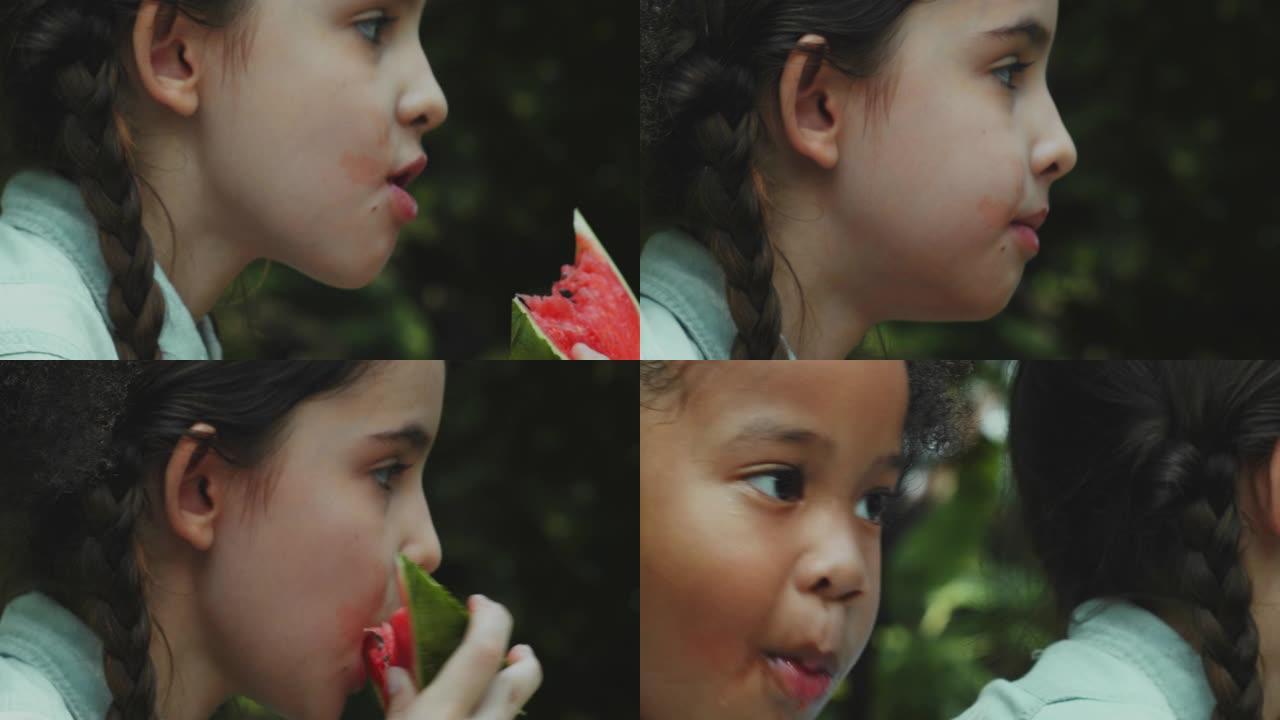 小女孩微笑着在户外吃西瓜水果