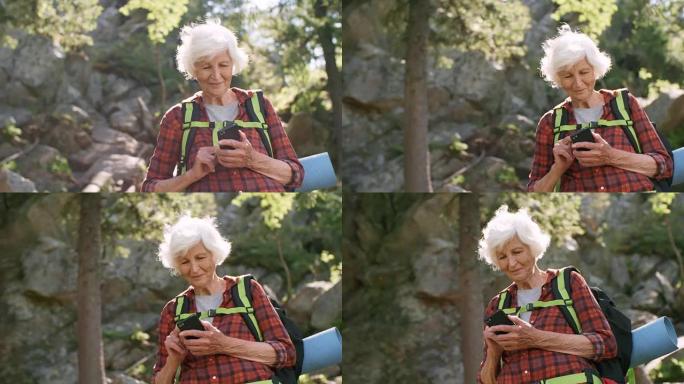 在森林中使用智能手机打字的高级女性