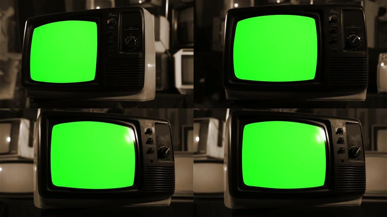 80年代绿屏电视。平行多莉射击。棕褐色色调。