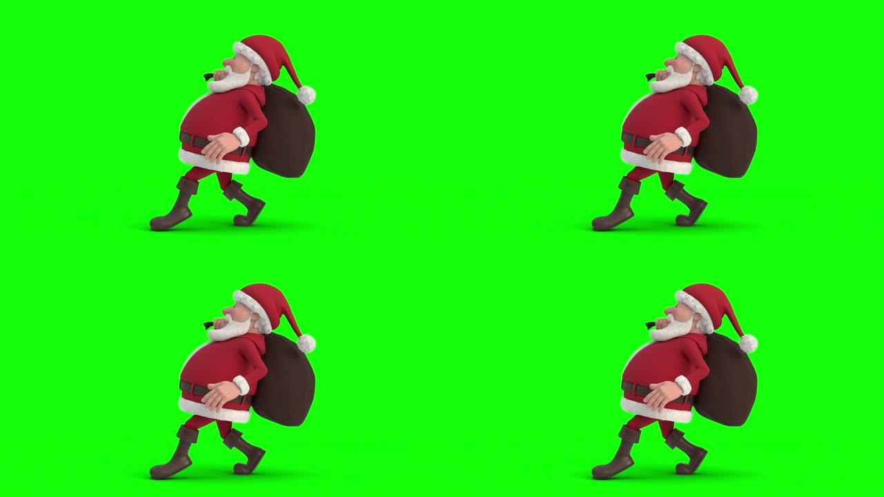 带有礼品袋的圣诞老人在绿屏背景上偷偷摸摸。无缝循环3d动画。左侧视图