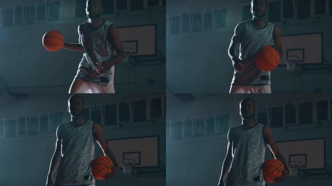 一名年轻的非洲职业男运动员的电影慢动作镜头正在健身房练习篮球锻炼
