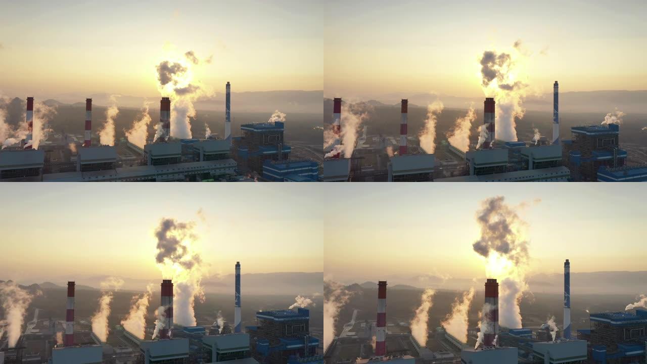 电厂燃煤电站上午鸟瞰图，冒烟烟囱电站