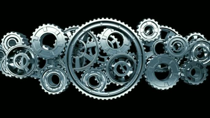 工作机构中大型金属齿轮的无缝旋转。美丽的循环3d动画与阿尔法哑光。抽象的工作过程。团队合作商业和技术