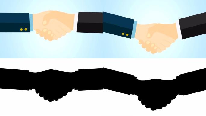两个男性商业伙伴握手，盈利协议，合作，4k卡通动画。包括阿尔法亮度哑光。