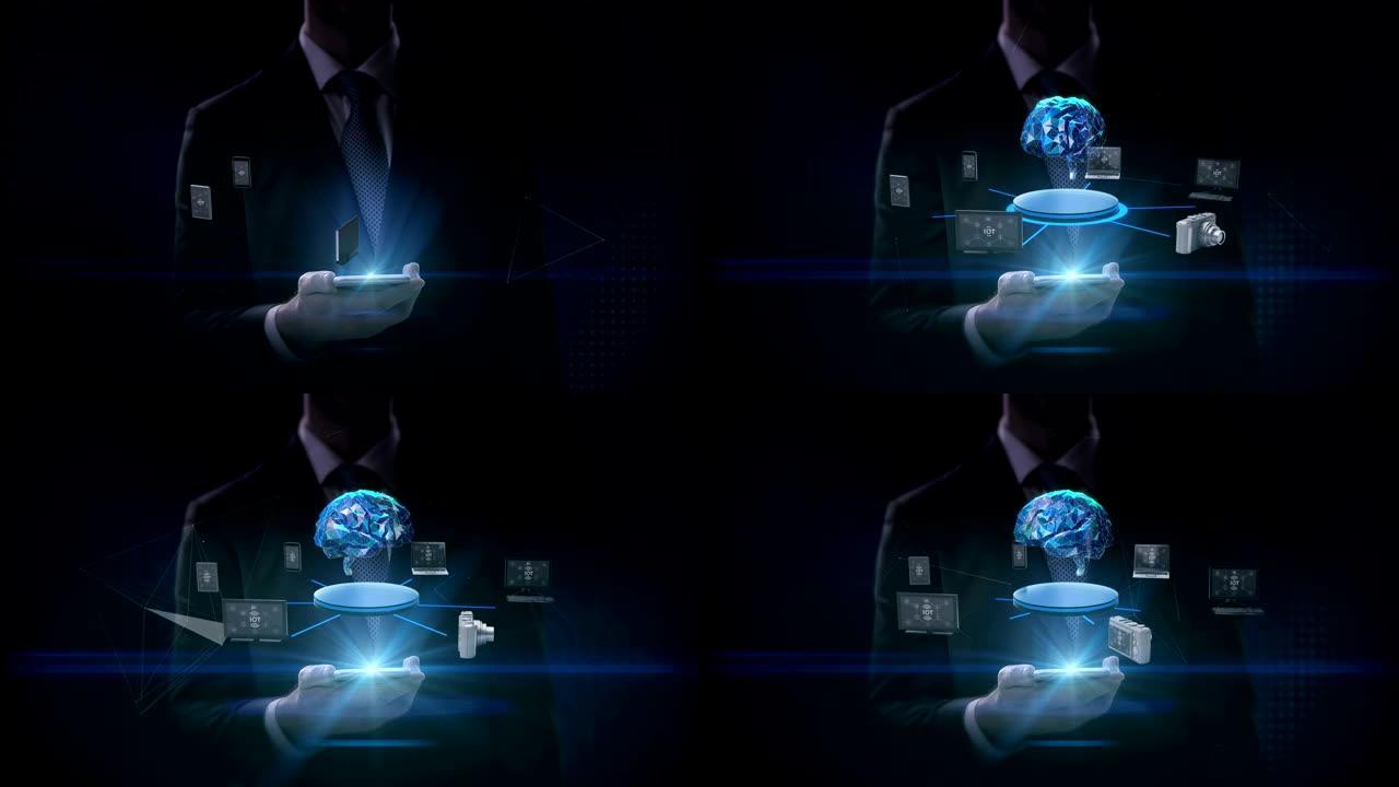 商人滑动触摸智能手机，各种设备连接 'IoT'，4k动画。