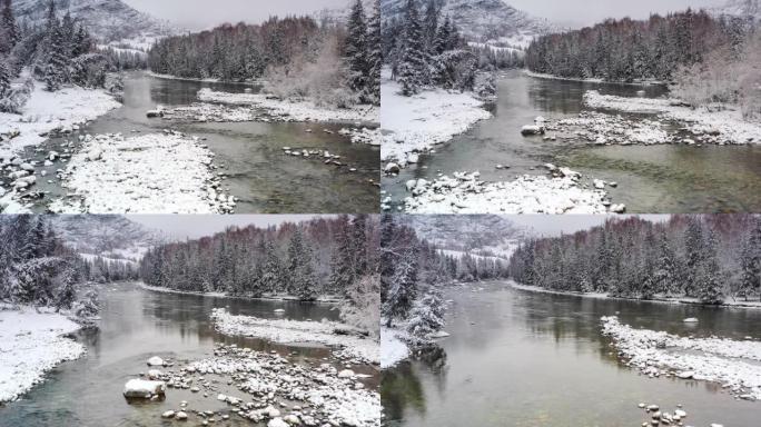 新疆鸟瞰图冬季雪花下雪雾凇风景