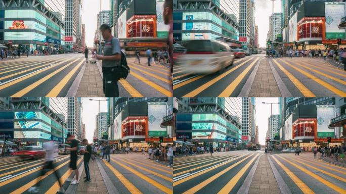 香港旺角人行横道上的行人步行和交通车的4k时间流逝