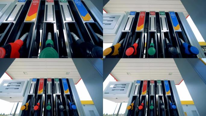 加油站设备，底视图。加油站机器上的加油设备。