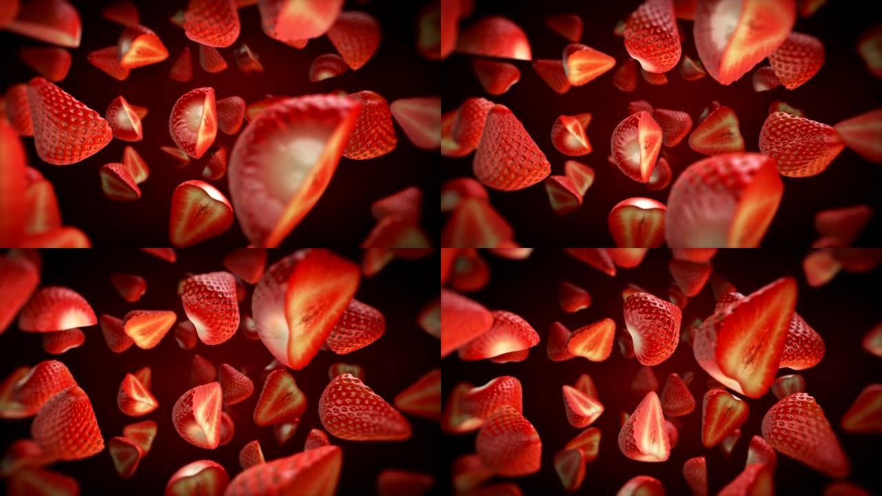 掉落草莓3D新鲜水果-慢动作。