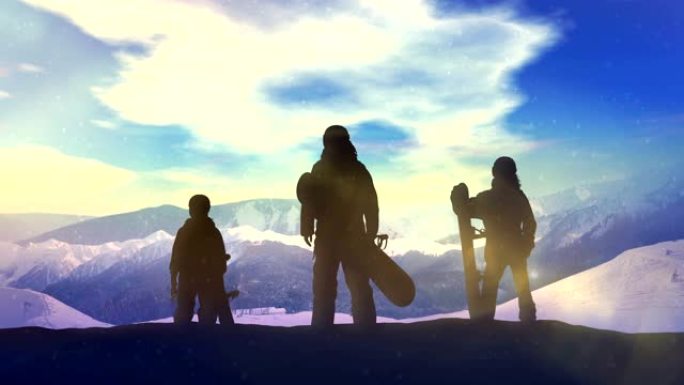 山顶上的滑雪板家庭。