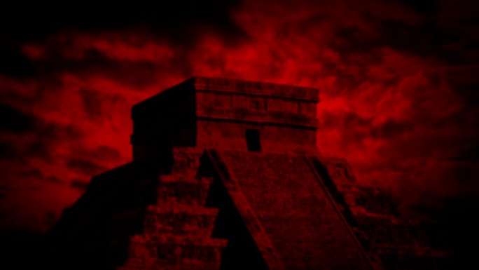 红色天空经过的玛雅神庙