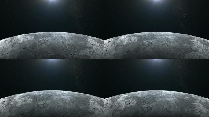月亮。飞越月球表面。从太空看。星星闪烁。4K.太阳在右边