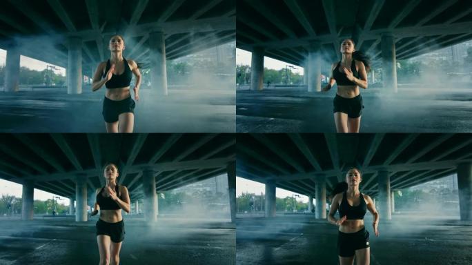 一个美丽自信的健身女孩穿着黑色运动上衣和短裤在烟雾缭绕的街道上慢跑的肖像照片。她在城市环境中奔跑，背