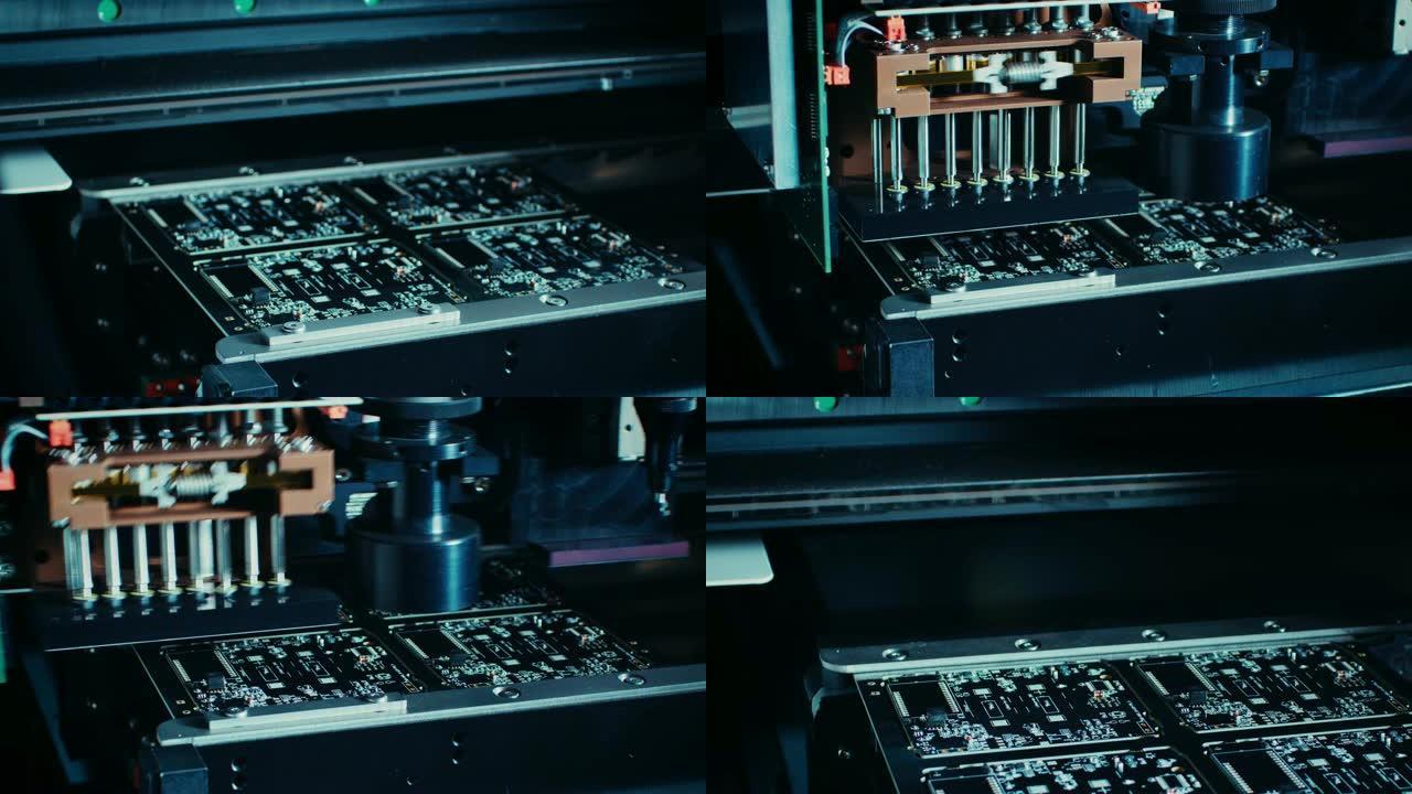工厂机器在工作: 印刷电路板与自动机械臂组装在一起，拾取和放置技术将微芯片安装到主板上。延时宏特写镜