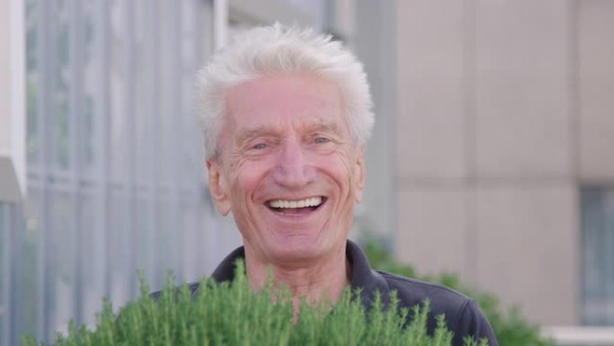 微笑的老人拿着绿色植物