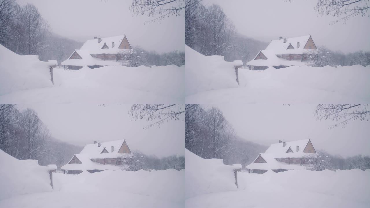 冬季仙境。雪山景观。避难所建筑