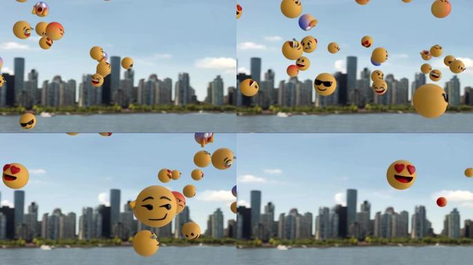 Emoji图标飞越城市景观4k