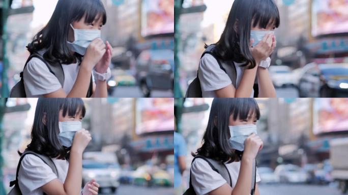 儿童女童戴防护面具，护脸防止呼吸有毒空气。环境污染，社会问题，生态灾难，交通，工业，能源，未来概念。
