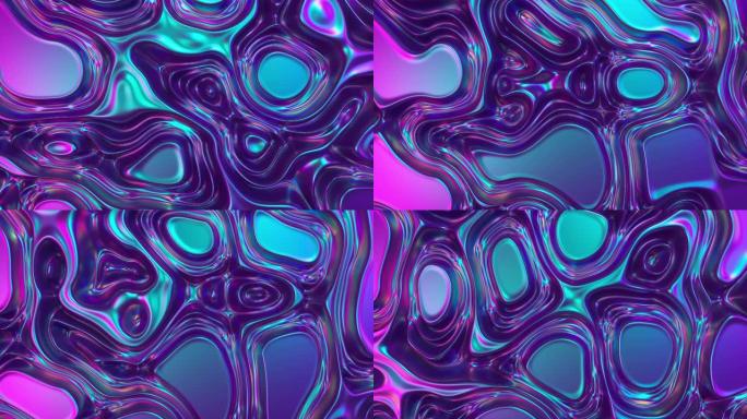 抽象3d渲染全息油面背景，箔波浪形表面，波浪和波纹，紫外线现代光，霓虹蓝色粉色光谱颜色。无缝循环4k