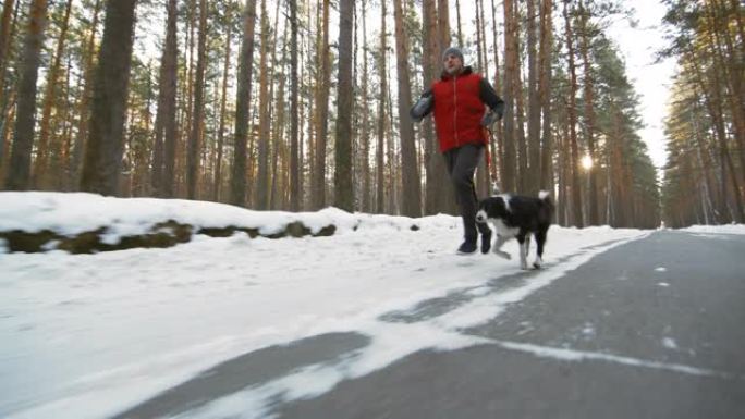 人与狗在雪路上慢跑