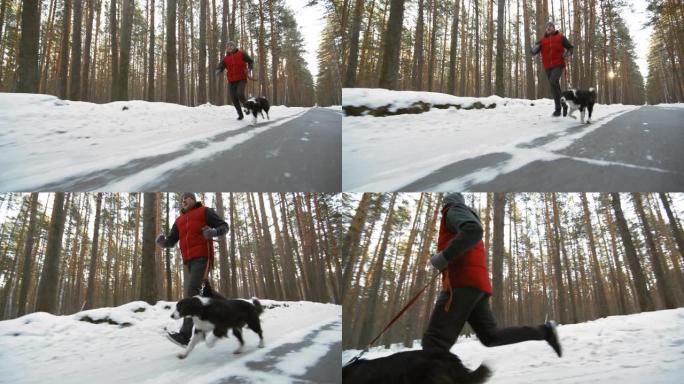 人与狗在雪路上慢跑