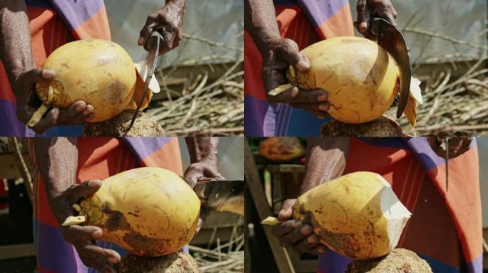 男子女士用斧头切割新鲜的黄色椰子，斯里兰卡