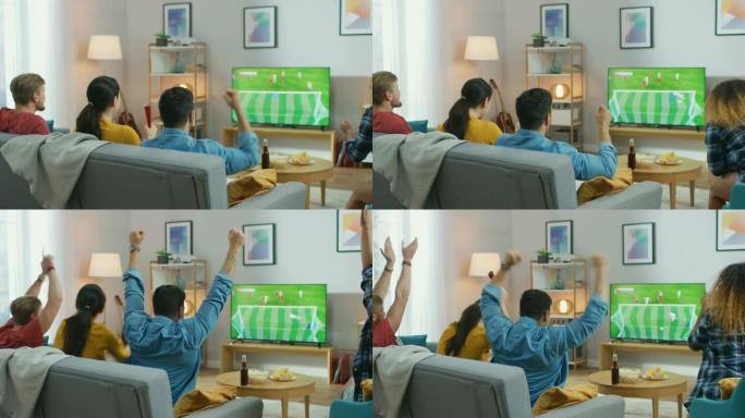 在家里，一群不同的体育迷在电视上观看重要的足球比赛，他们为球队加油，在球队打进漂亮的进球后庆祝胜利。
