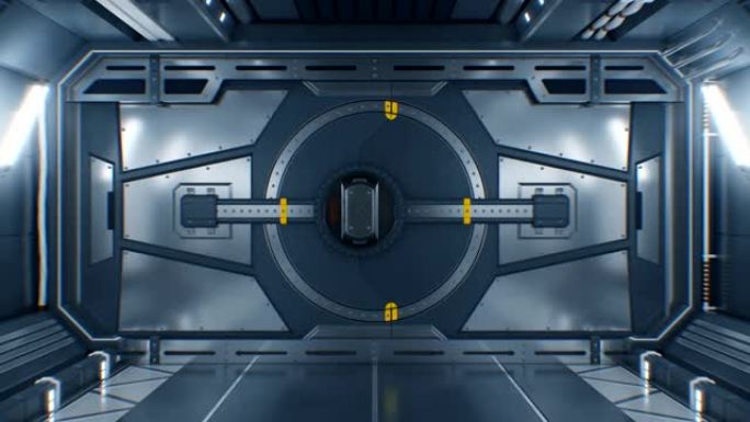 黑色背景上美丽的抽象金属门开口。绿屏的未来派3d动画。带有阿尔法面具的宇宙飞船中的钢铁网关。未来主义