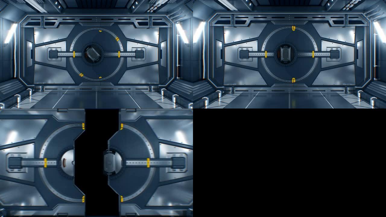 黑色背景上美丽的抽象金属门开口。绿屏的未来派3d动画。带有阿尔法面具的宇宙飞船中的钢铁网关。未来主义