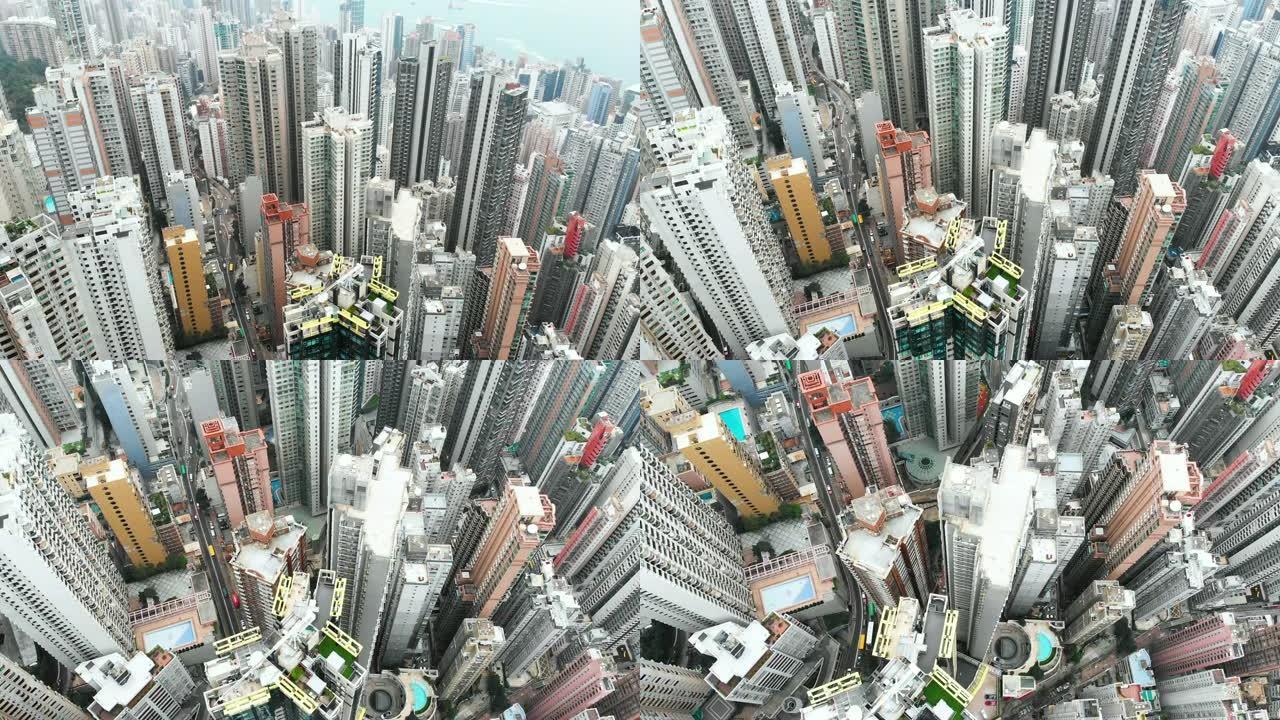 香港摩天大楼的鸟瞰图和俯仰。