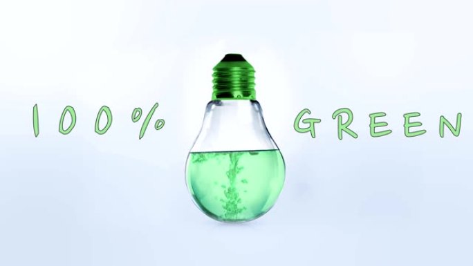 灯泡充满了氧气气泡的水，上面写着100% 绿色，表明这是一种清洁技术。清洁能源。世界可再生能源