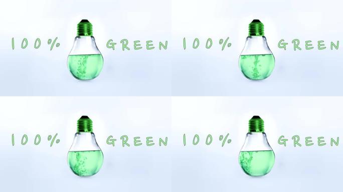灯泡充满了氧气气泡的水，上面写着100% 绿色，表明这是一种清洁技术。清洁能源。世界可再生能源