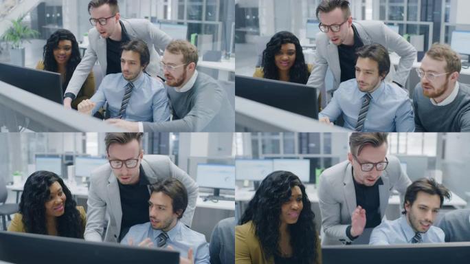 在现代办公室中: 由商人和女商人组成的多元化团队在计算机上工作，进行讨论，试图共同寻找问题解决方案。